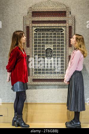 London, UK. 10th Nov, 2023. A mother of pearl inlaid wood panel with ninety nine names of god Syrua 20th century Est £6000- 8,000.Paul Quezada-Neiman/Alamy Live News Credit: Paul Quezada-Neiman/Alamy Live News Stock Photo