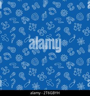 Bacteria thin line Seamless Pattern - Biology and Science concept vector blue linear background Stock Vector