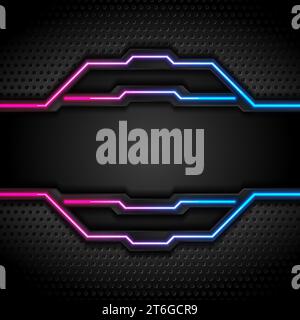 Futuristic perforated technology abstract background with blue purple neon glowing lines. Vector design Stock Vector