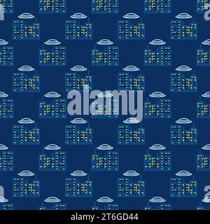 Alien Spaceship over City Buildings vector concept UFO at Night outline seamless pattern Stock Vector