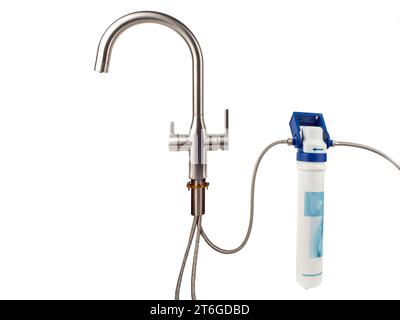 Faucet with water filter isolated on white background. Kitchen faucet on white. Stock Photo