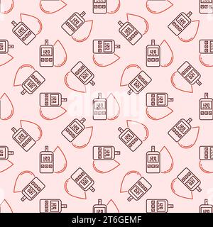 Glucometer with Blood Drop vector Blood Sugar Level concept seamless pattern in thin line style Stock Vector