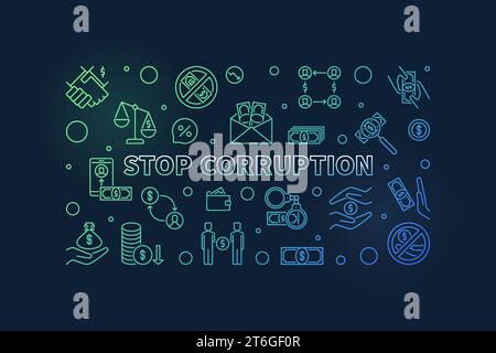 Stop Corruption concept thin line colored horizontal banner - vector illustration Stock Vector