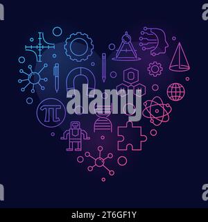 Science Education heart shaped colorful outline banner - I Love Science concept line illustration with dark background Stock Vector
