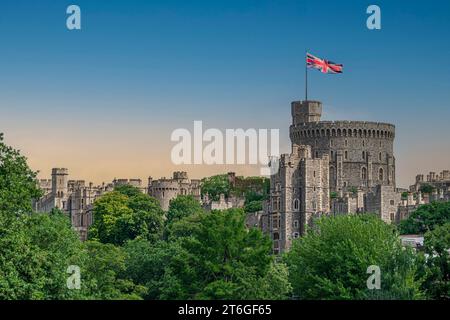 Windsor Castle with the British Union Flag blowing in the wind HDR High Dynamic Range Stock Photo