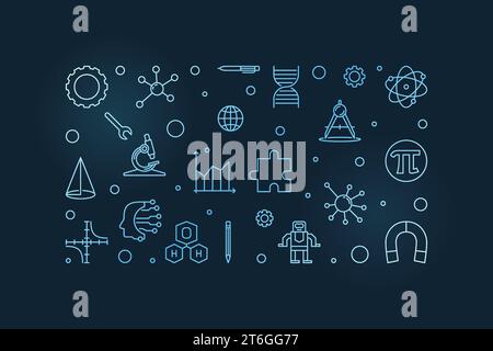 Science Education blue creative outline banner - Science concept line horizontal illustration with dark background Stock Vector
