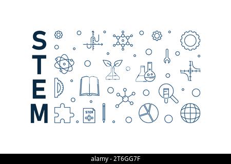 STEM minimal thin line blue banner - Science concept linear horizontal illustration on white background Stock Vector