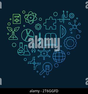 I Love STEM heart shaped colorful banner in outline style. Science concept linear illustration with dark background Stock Vector