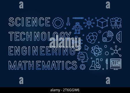 Science, Technology, Engineering, Mathematics - STEM concept thin line horizontal blue modern illustration or banner with dark background Stock Vector