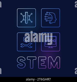 STEM Science line concept colored square banner with 4 signs - Science, Technology, Engineering and Math vector linear colored Illustration with dark Stock Vector