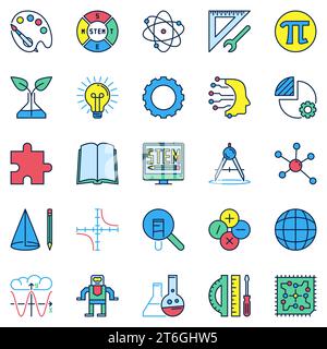 STEAM Education modern icons collection. Science, Technology, Engineering, Art and Math colored signs set Stock Vector