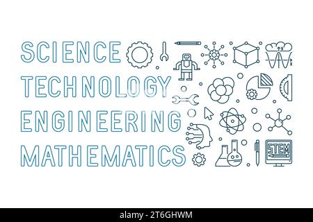 Science, Technology, Engineering, Mathematics - STEM concept outline blue horizontal illustration or banner Stock Vector