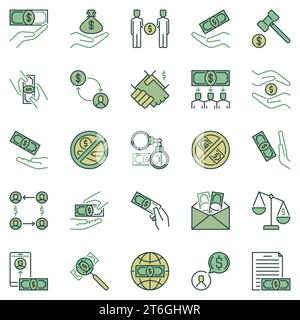 Corruption colored icons set. Bribe and Money creative concept signs collection Stock Vector