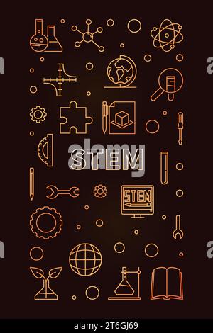 STEM golden modern banner in outline style. Science concept linear vertical illustration with dark background Stock Vector