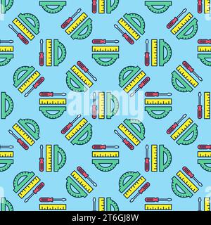 Screwdriver and Protractor with yellow Ruler vector STEM concept colored seamless pattern Stock Vector
