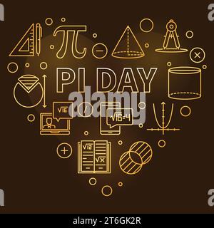 Pi Day Mathematical Constant concept vector outline heart shaped golden banner - Celebrate Mathematics illustration with dark background Stock Vector