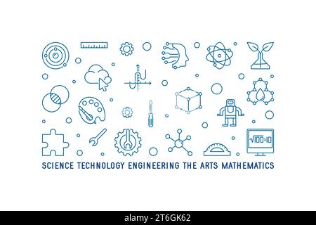 Science, Technology, Engineering, the Arts, Mathematics horizontal thin line minimal illustration. STEAM concept blue banner Stock Vector