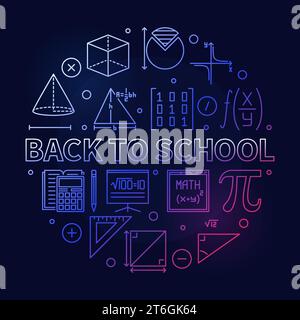 Back to School concept vector thin line round colored banner. Math illustration with dark background Stock Vector