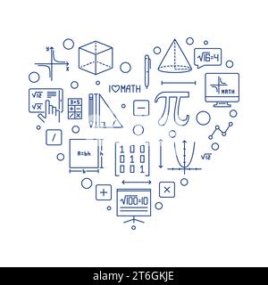 I Love Maths Heart vector thin line banner. Math concept concept linear illustration Stock Vector