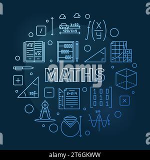Maths concept vector thin line round blue banner. Math illustration with dark background Stock Vector