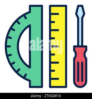 Screwdriver and Protractor with yellow Ruler vector STEM concept colored icon or logo element Stock Vector
