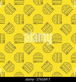 Ruler with Screwdriver and Protractor vector STEM concept linear yellow seamless pattern Stock Vector