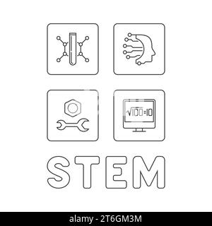 STEM Science outline concept simple banner with four icons. Science, Technology, Engineering and Math vector Illustration on dark background Stock Vector