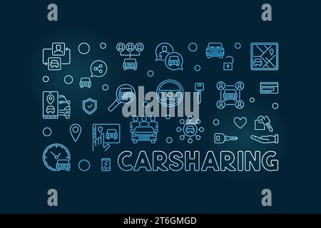 Carsharing concept blue line horizontal illustration - Car Sharing concept vector outline banner on dark background Stock Vector