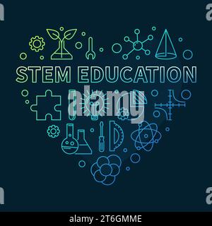 STEM - Science, Technology, Engineering, Mathematics Education Heart thin line colored concept banner - vector Illustration with dark background Stock Vector