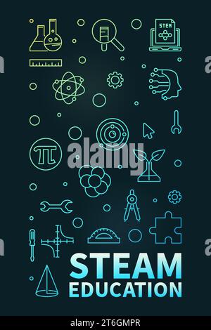 STEAM Education thin line Science concept vertical colorful banner - Science, Tech, Engineering, Arts and Math vector Illustration with dark backgroun Stock Vector