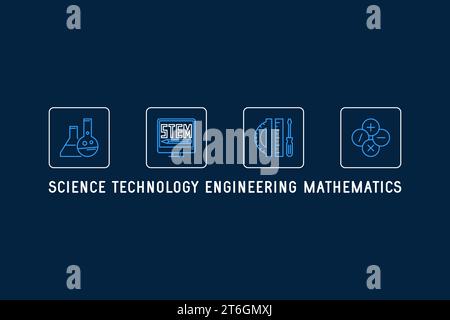 Science, Technology, Engineering, Mathematics thin line blue horizontal illustration. STEM concept outline banner Stock Vector
