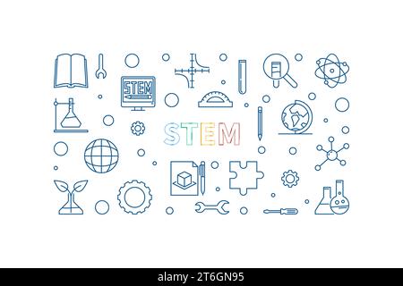 STEM Science outline concept banner. Science, Technology, Engineering and Math vector horizontal Illustration on dark background Stock Vector