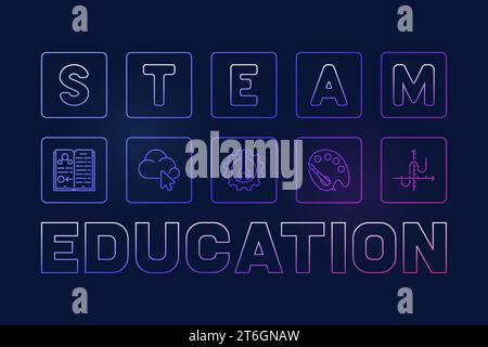 STEAM Education minimal outline blue banner. Science concept linear horizontal illustration with dark background Stock Vector