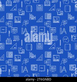 Maths thin line blue seamless background - Mathematics and Science concept vector outline pattern Stock Vector