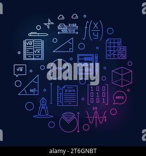 Maths Learning vector thin line round colored banner. Math concept illustration with dark background Stock Vector