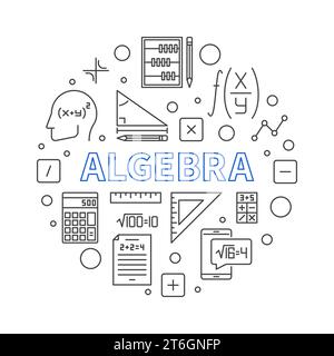 Algebra concept outline round banner. Vector circular minimal illustration Stock Vector
