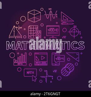 Mathematics concept vector thin line round creative banner - Math illustration with dark background Stock Vector