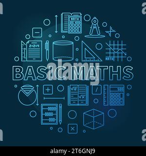 Basic Maths concept vector thin line circular blue banner. Math illustration with dark background Stock Vector