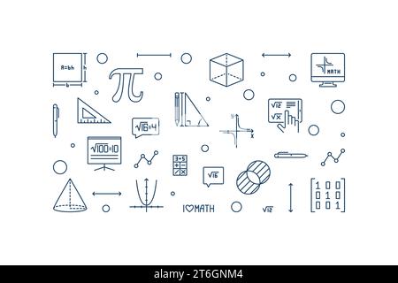 I Love Maths horizontal vector thin line banner. Math concept concept linear illustration Stock Vector