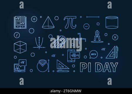 Pi Day Mathematical Constant concept vector outline horizontal blue banner - Celebrate Mathematics illustration with dark background Stock Vector