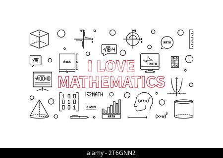 I Love Mathematics vector thin line horizontal banner - Math concept illustration Stock Vector
