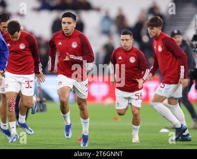 London, UK. 9th Nov, 2023. Francisco Ortega (2nd L) of Olympiakos warms cup before the UEFA Europa League match at the London Stadium, London. Picture credit should read: Paul Terry/Sportimage Credit: Sportimage Ltd/Alamy Live News Stock Photo