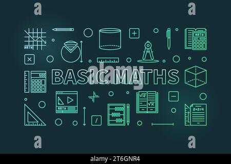 Basic Maths concept vector thin line horizontal colored banner. Math illustration with dark background Stock Vector