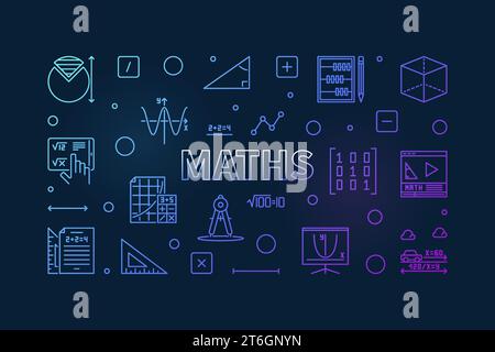 Maths vector concept outline blue banner - Mathematics line illustration with dark background Stock Vector