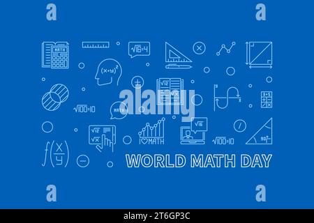 World Math Day concept vector outline horizontal banner - Math illustration with blue background Stock Vector