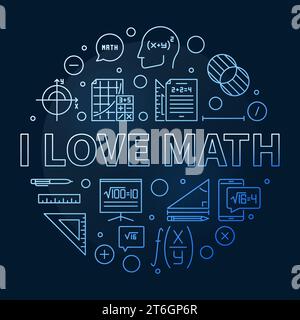 I Love Math concept vector thin line round blue banner. Math Learning illustration with dark background Stock Vector