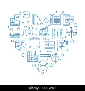 I Love Mathematics vector outline heart shaped banner - Math concept linear illustration Stock Vector