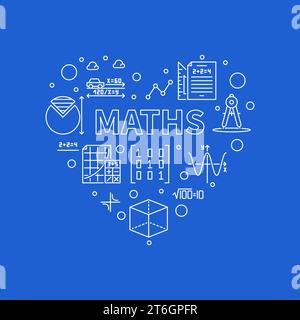 Maths vector concept outline heart shaped banner. I love Mathematics illustration in linear style on blue background Stock Vector