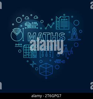 Maths Heart vector concept outline blue banner - I love Mathematics line illustration with dark background Stock Vector