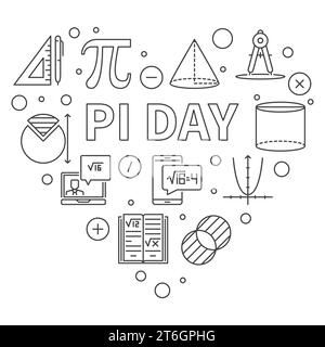 Pi Day Mathematical Constant concept vector thin line heart shaped banner. Celebrate Mathematics illustration Stock Vector
